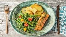 Classic Roasted Salmon with Crispy Potato Rounds and Dilled Veggies