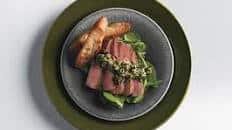 Seared Tuna with Olive-Tapenade Vinaigrette and Arugula