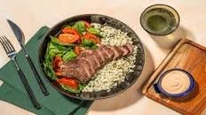 BBQ Beef Rump and Spicy Sauce with cauliflower rice and spinach tomato salad