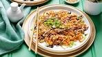 BBQ Okonomiyaki with shredded cabbage, chicken & green ...