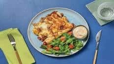 Cheesy BBQ Smashed Chickpea Enchiladas with Caramelised Onion, Salad & BBQ Mayo
