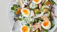 Smoked trout salad with boiled eggs