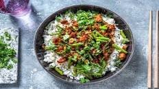 Thai Style Pork Rice Bowl with Green Beans, Coriander and Rice