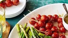 Asparagus and Tomato Skewers with Honey Mustard-Horseradish Sauce