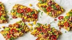 Breakfast Bacon and Cheese Flatbreads with Corn and Poblano Pepper