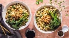 Cavatappi Carbonara with Roasted Broccolini & Coconut Bacon