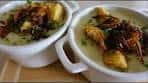 Celery Soup With Crispy Buttered Onions And Garlic Croutons