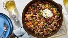 Cheesy Beef & Potato Hash with Peppers, Onion & Jalapeño Sour Cream