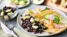 Crispy Hearts of Palm Tacos with Chipotle Aioli & Avocado Black Bean Salad