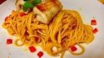 Flounder Fish Rolls Over Spaghetti with Creamy Tomato Sauce