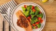 Maple Bacon Dijon-Glazed Salmon with broccoli and peppers