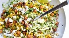 mexican corn zucchini noodles with chili-lime roasted chickpeas