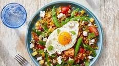 Peach & Snap Pea Grain Bowl with Feta Cheese & a Sunny Side-Up Egg