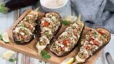 Quinoa Stuffed Eggplant With Lemon Tahini Sauce