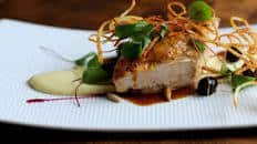 Roast chicken breast, potato purée and pine nuts