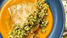 Sea Bass with Tomato Raisin Sauce and Olive Gremolata