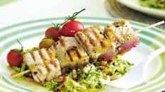 Seared tuna skewers with zucchini, chilli & mint salad