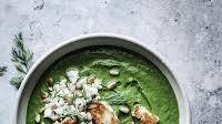 Spanakopita Soup with Feta, Fried Halloumi and Toasted Pine Nuts