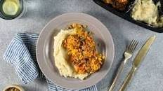 Sweet and Tangy BBQ Meatballs with mashed potatoes and corn