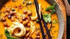 30 Minute Coconut Curry Noodle Soup with Chili Crisp Chickpeas