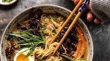 30 Minute Creamy Sesame Miso Ramen with Crispy Mushrooms.