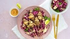 Asian Beef Skewers with Cabbage Apple Slaw and Creamy Sesame Peanut Dip