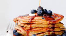 Blueberry Rye Pancakes with Molasses Syrup