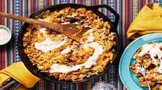 Cheesy Mexican Beef and Rice Skillet with Hot Sauce Crema