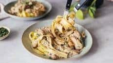 Creamy Tagliatelle with Soy Chunks and Chanterelles