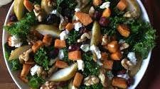 Fall Roasted Sweet Potato, Goat Cheese and Kale Salad with Maple Vinaigrette