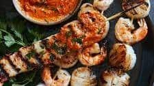 Grilled Seafood Skewers with Smoky Romesco Recipe