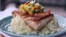 Pan Seared Mahi Mahi over Sticky Coconut "Rice" with Mango Salsa