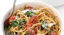 Pesto Pasta with roasted tomatoes and wilted greens