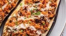 Quinoa Stuffed Eggplant with Tahini Sauce