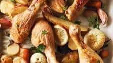 Roasted Chicken Drumsticks and Vegetables with Juniper Berries