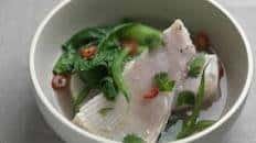 Skate wings poached in miso and ginger with chilli and coriander