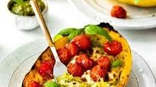 Spaghetti Squash with Pesto, Mozzarella, & Roasted Tomatoes