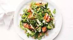 Spiced salmon with chickpea, broccoli and rocket salad and yoghurt dressing