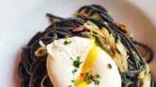 Squid Ink Carbonara with Leeks, Pancetta and Poached Egg