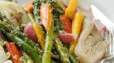 Braised Springtime Vegetables with Green Olive Pesto