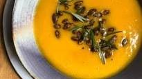 Butternut Squash Soup + Spicy Garlic Pepitas