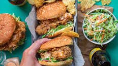 Crispy Bang Bang Chick'n Fried Shroom Sandwich with Broccoli Slaw