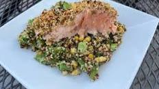 Dukkah-Crusted Salmon and Quinoa Salad with Grilled Corn and Sugar Snap Peas