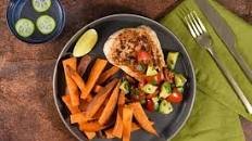 Fiesta-Spiced Chicken with avocado salsa and roasted sweet potatoes