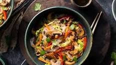 Glass noodle bowls with spicy yuba and stir-fried vegetables