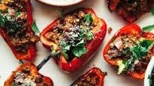 Grilled Mini Peppers with Spiced Walnut & Lentil Crumble