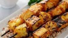 Grilled pineapple tofu skewers with spicy mango BBQ sauce