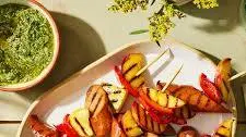 Grilled Sausage and Summer Veggie Skewers With Creamy Chimichurri