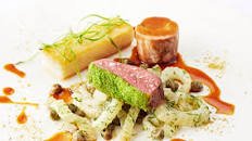 Herb crusted lamb chump, liquorice confit lamb neck, caramelised fennel, capers and ‘spice of angels’