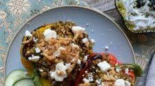 Lebanese Mujadara Stuffed Peppers with Herbed Labneh